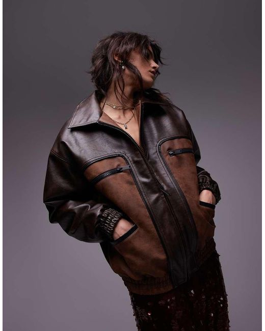 TOPSHOP Multicolor Contrast Seam Detail Faux Leather Jacket