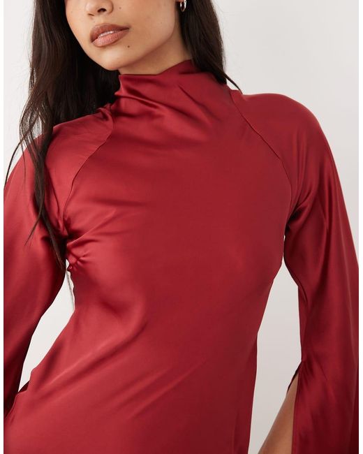 ASOS Red Satin Maxi Dress With Split Sleeve And Scarf Detail