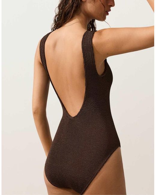 Oysho Black Crinkle Round Neck Swimsuit