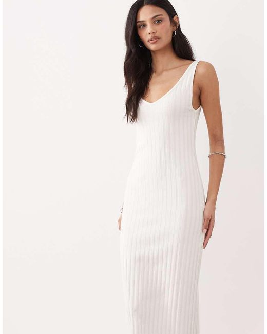 ASOS White Wide Rib Sleeveless V Neck Midi Dress