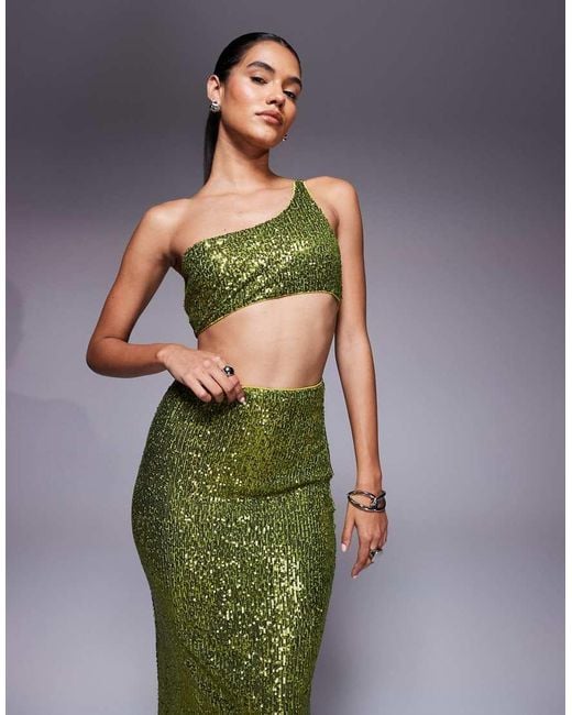 ASOS Green All Over Sequin One Shoulder Faux-ord Midi Dress
