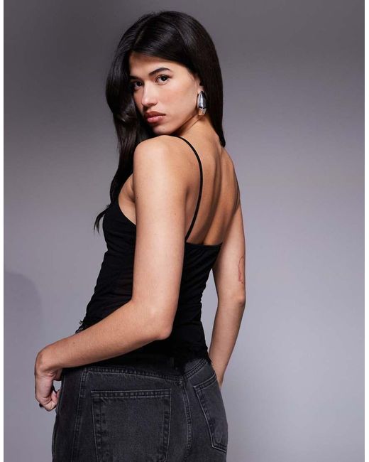 ASOS Black Mesh Lace Trim Cami Top With Asymmetric Hem