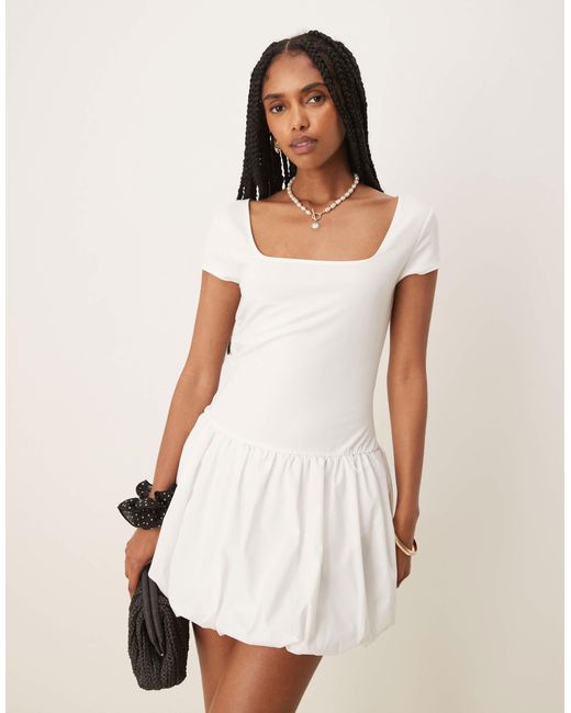 Mango Square Neck Short Sleeve Bubble Hem Mini Dress in White | Lyst