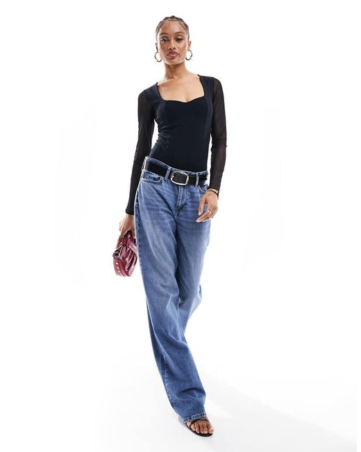 ASOS Blue Asos Design Tall Sweetheart Neckline Bodysuit With Mesh Sleeve