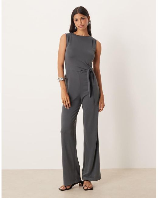 Mango Gray Tie Waist Sleeveless Jumpsuit