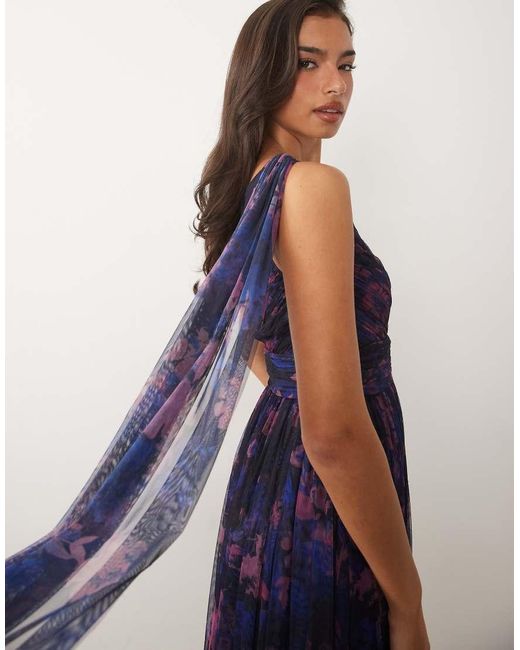 LACE & BEADS Blue Bridesmaid One Shoulder Scarf Neck Maxi Dress