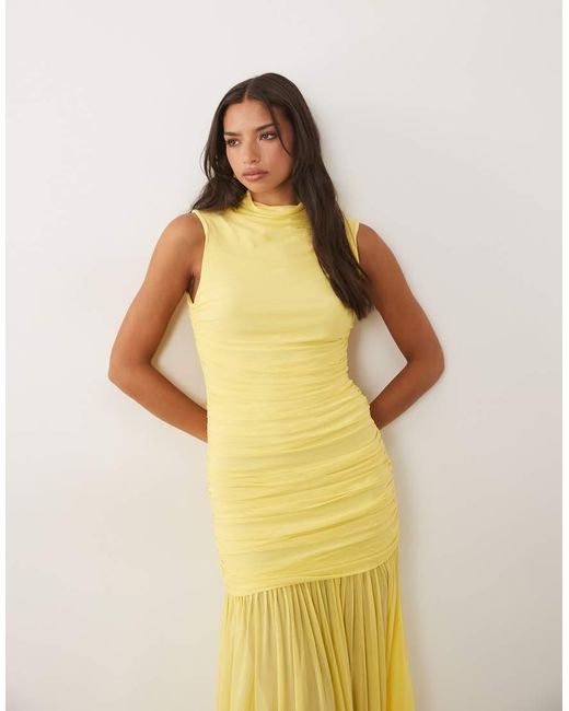 ASOS Yellow Ruched Drop Waist Circle Dress With Grown
