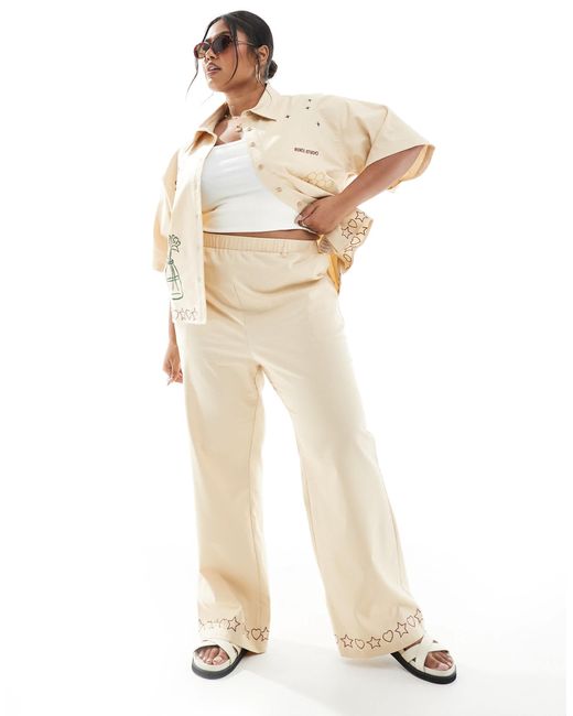 Exclusivité - pantalon d'ensemble ample en lin mélangé avec détails brodés - beige Renee Studio en coloris Natural