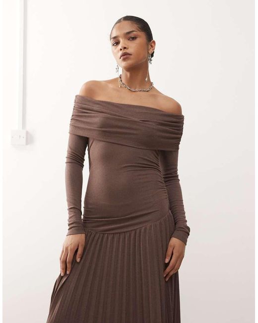 Lioness Brown Field Of Dreams Glitter Long Sleeve Foldover Bardot Ruched Drop Waist Pleated Maxi Dress