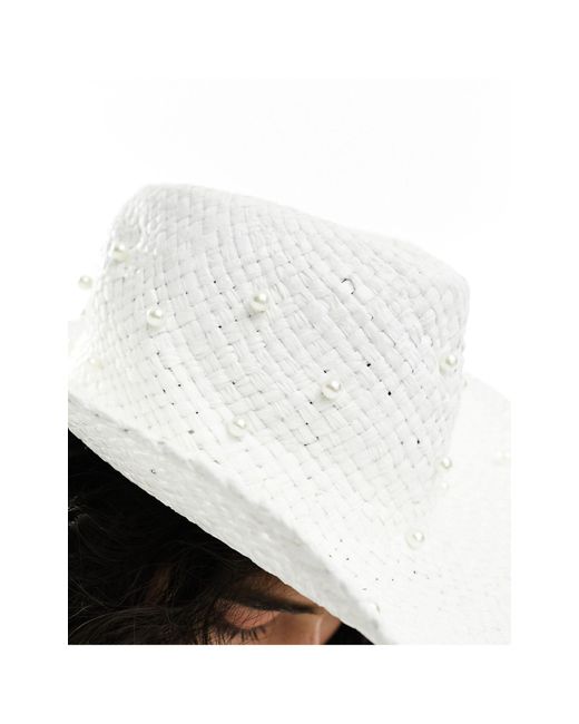 South Beach White Pearl Embellished Cowboy Hat With Pearl Veil