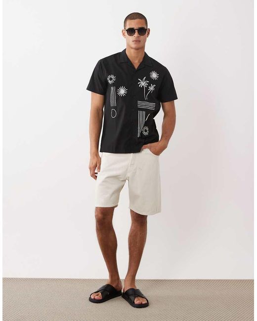 Threadbare Black 100% Cotton Short Sleeve Shirt With Flower Embroidery Detail for men