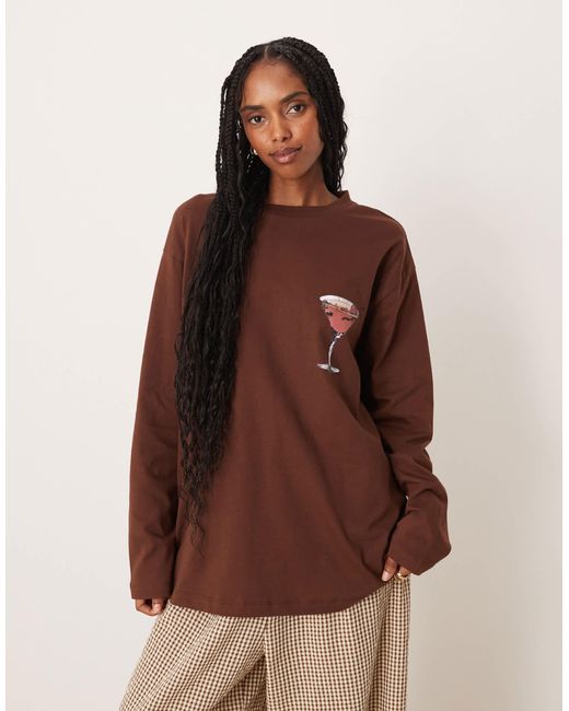 ASOS Brown Long Sleeve Oversized Tee With Cherry Espresso Graphic