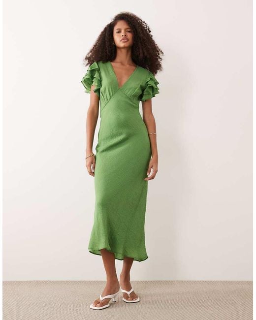 Nobody's Child Green Layla Ruffle Cap Sleeve V-Neck Midi Dress