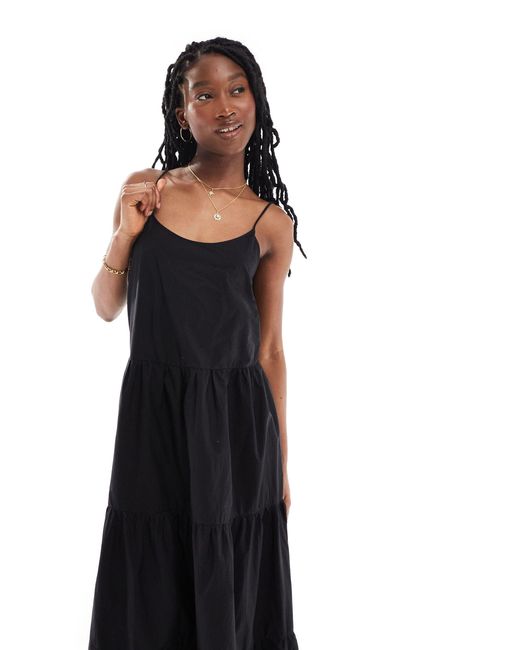 Monki Black Maxi Dress With Tiered Layers And Strappy Low Back