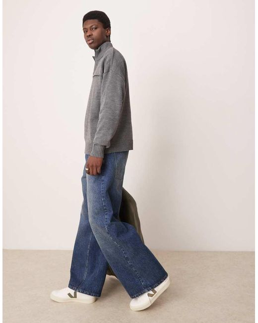 ASOS Gray Oversized Knitted Quarter Zip Jumper With Zip Pocket for men
