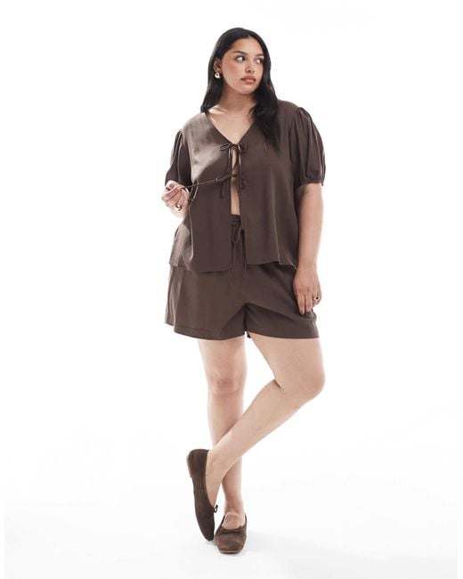 Pieces Plus Brown Pieces Curve Tie Detail Short Sleeve Top
