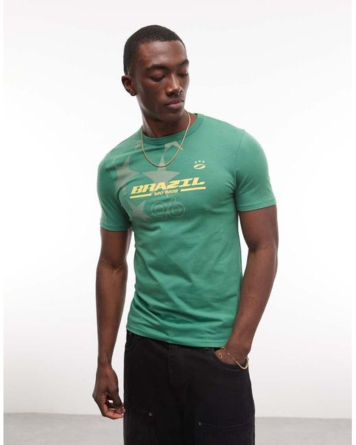 ASOS Green Muscle T-shirt With Brazil Football Graphic for men