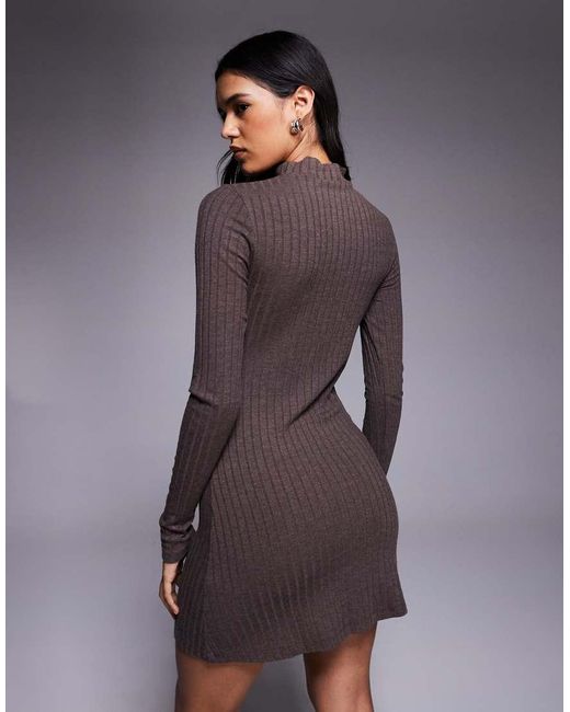 ASOS Purple Ribbed High Neck Mini Dress With Tie Waist Chocolate