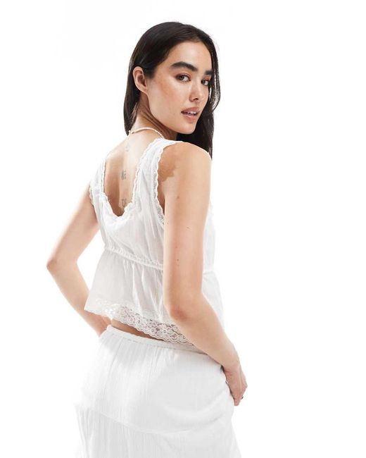 Vero Moda White Lace Trim Crinkle Cotton Square Neck Top Co-ord