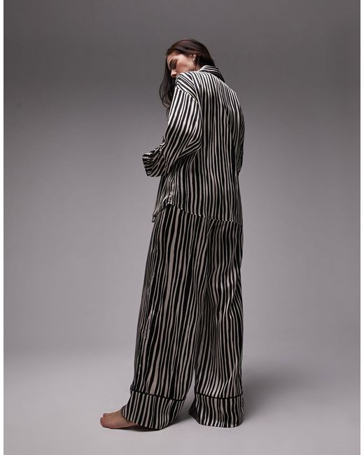TOPSHOP Gray Satin Stripe Print Piped Shirt And Trouser Pyjama Set