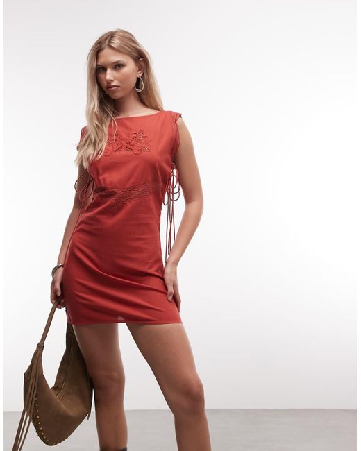Reclaimed Vintage Red Mini Dress With Tie Sides And Embroidery