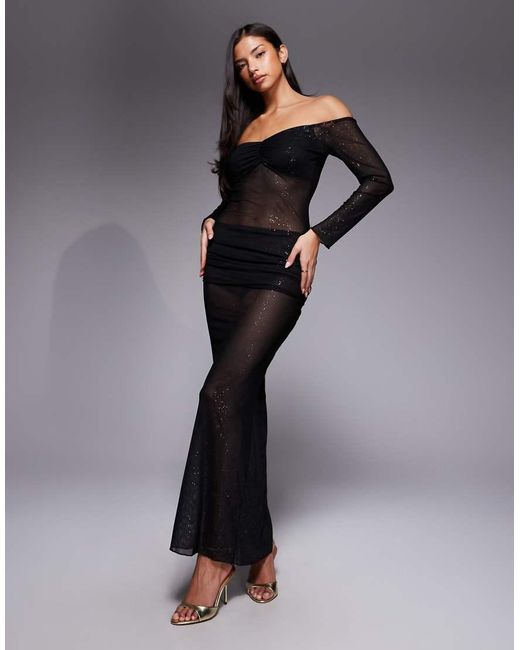 Fashionkilla Glitter Mesh Long Sleeve Sheer Insert Ruched Detail Maxi Dress  | Lyst UK