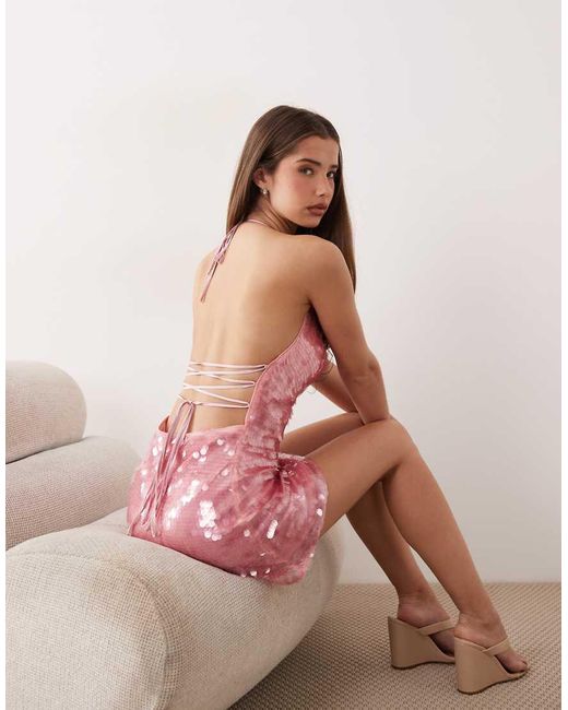The Frolic Pink Exclusive Sequin Cowl Neck Lace-up Back Detail Mini Dress
