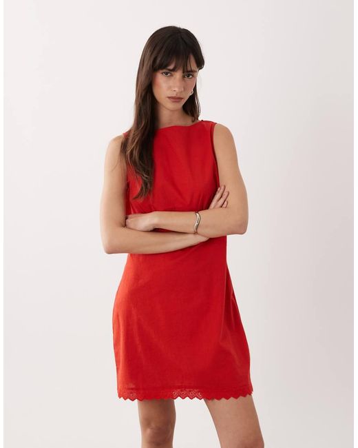 ASOS Red Slash Neck Mini Sundress With Sculpted Bust And Broderie Hem