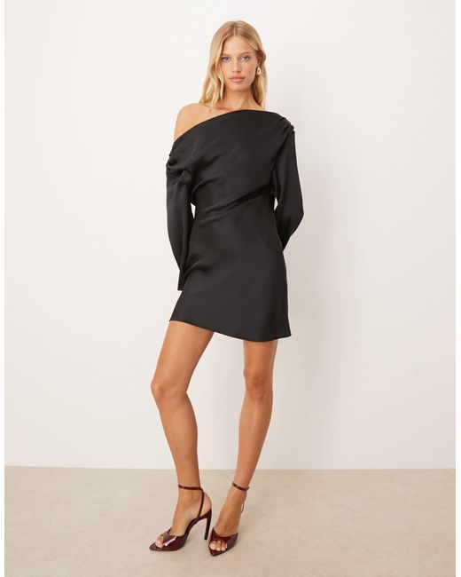ASOS Black Satin Drape Long Sleeve Off Shoulder Mini Dress