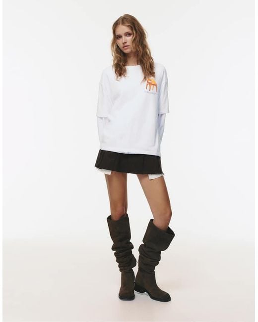 T-Shirt Color Ghiaccio Con Scritta E Stampa Di Mobile di Pull&Bear in White