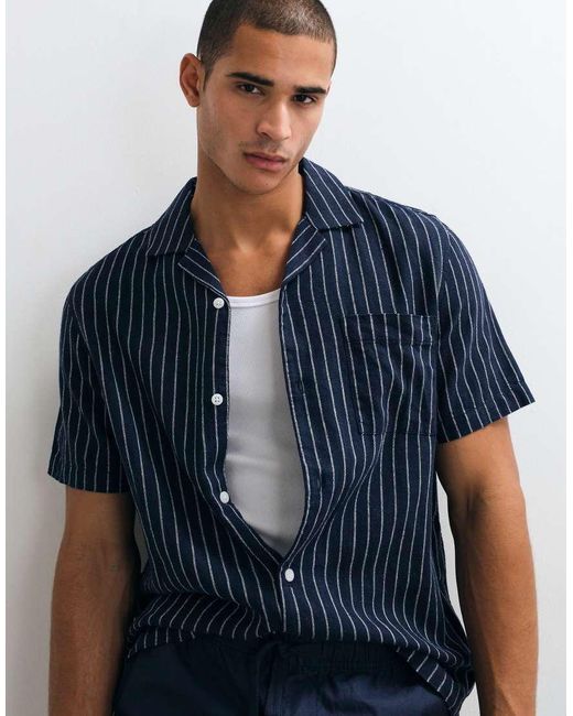 ASOS Blue Regular Fit Linen Blend Stripe Shirt for men