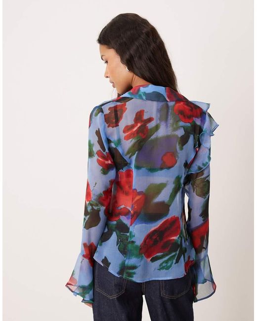ASOS Blue Button Front Ruffle Soft Shirt
