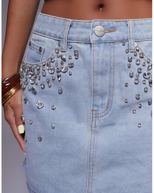 Liquor N Poker Blue Denim Mini Skirt Co-ord With Diamante