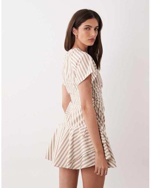 ASOS Multicolor Poplin Short Sleeve Mini Dress With Ruching Tie Waist Detail
