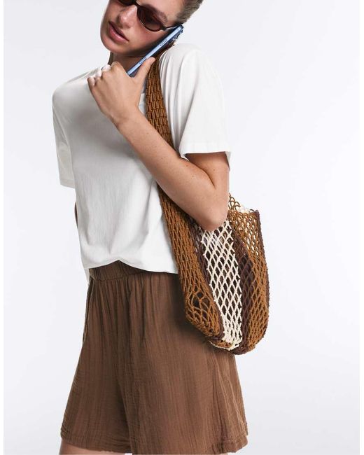 Oysho Brown Striped Net Shoulder Bag