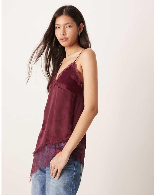 ASOS Purple Satin Lace Trim Asym Hem Cami Top
