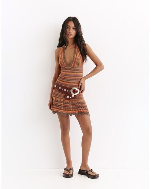 Pull&Bear Brown Short Striped Crochet Dress