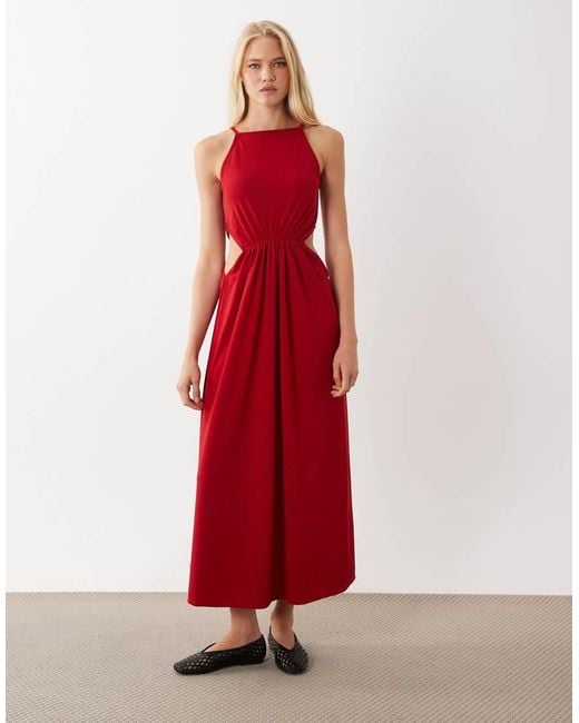 ASOS Red Halter Neck Midi Dress With Cut Outs And Full Skirt