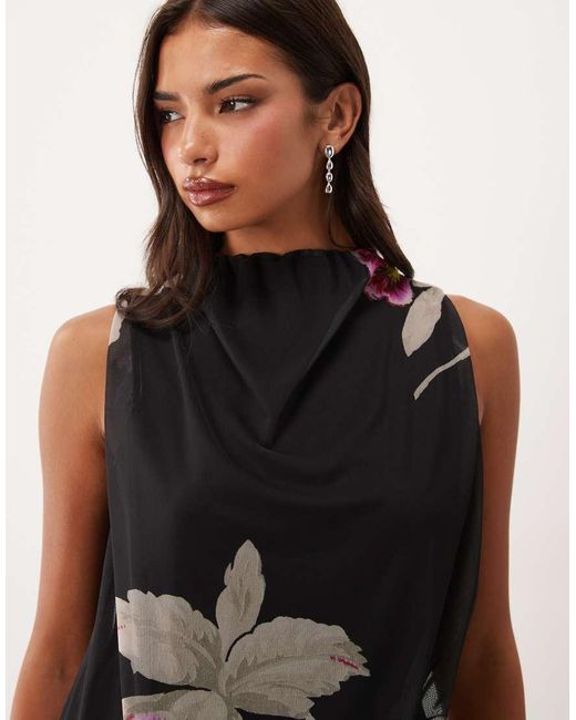 ASOS White Asymmetric Printed Mesh Blouson Maxi Dress With Grown On Neck