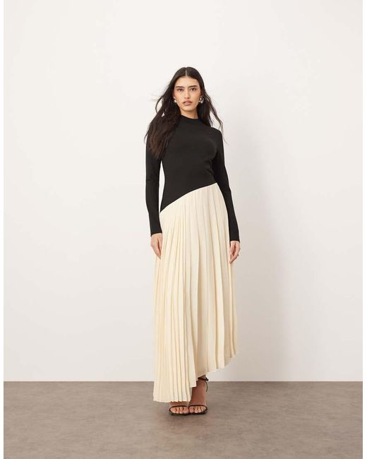 ARRANGE Natural Contrast Fabric Sculpted Maxi Dress With Pleat Skirt