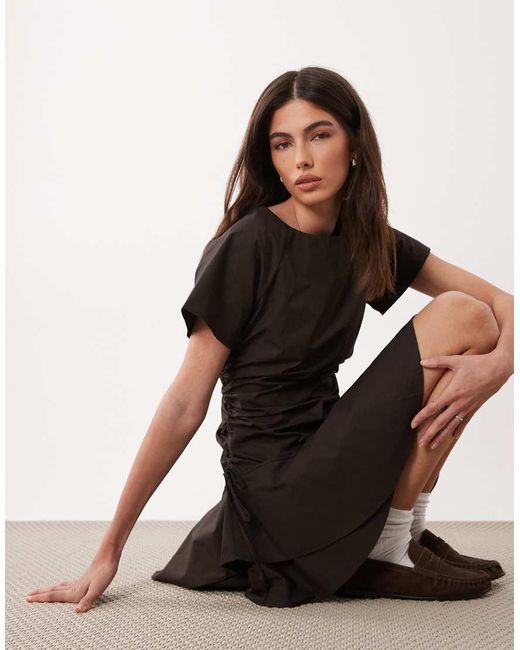 ASOS Black Short Sleeve Mini Dress With Ruching Tie Waist Detail