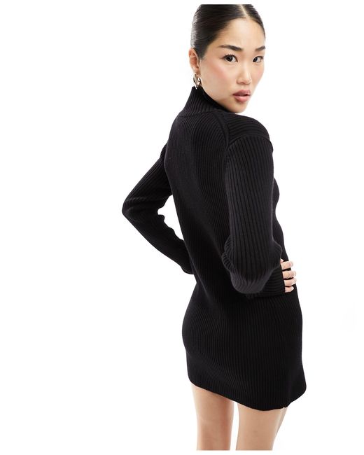 Weekday Black Laila High Neck Rib Knitted Mini Dress With Two-way Zip