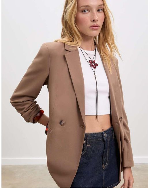 Blazer Doppiopetto Slim Color Cammello di Stradivarius in Natural