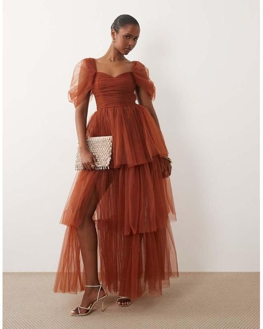 LACE & BEADS Brown Tulle Sweetheart Neck Puff Sleeve Tiered Ruffle Maxi Dress