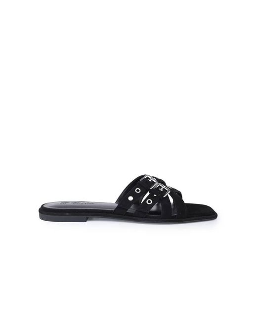 OFF THE HOOK Black Isla Suede Leather Eyelet Strappy Flat Sandals