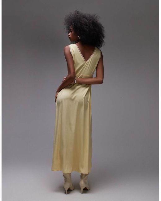 TOPSHOP Yellow Lace Insert Midi Dress With Pleated Bust