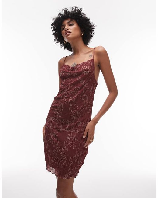 TOPSHOP Red Crinkle Cowl Neck Sea Print Mini Dress