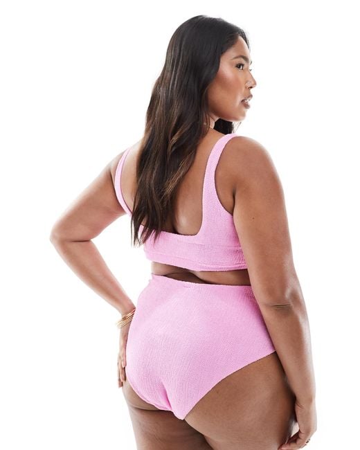 ASOS Pink Asos Design Curve Charlene Textured High Leg High Waist Bikini Bottom