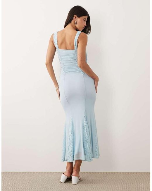 ASOS Blue Lace Mix Balconette Pencil Dress With Godet Details