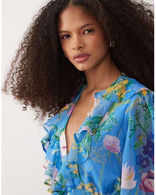 Hope & Ivy Blue Flutter Sleeve Maxi Wrap Dress With Tie Waist
